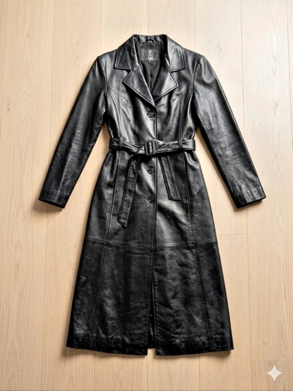 ATTRATTIVO Vintage Black Leather-Style Belted Coat Size Medium